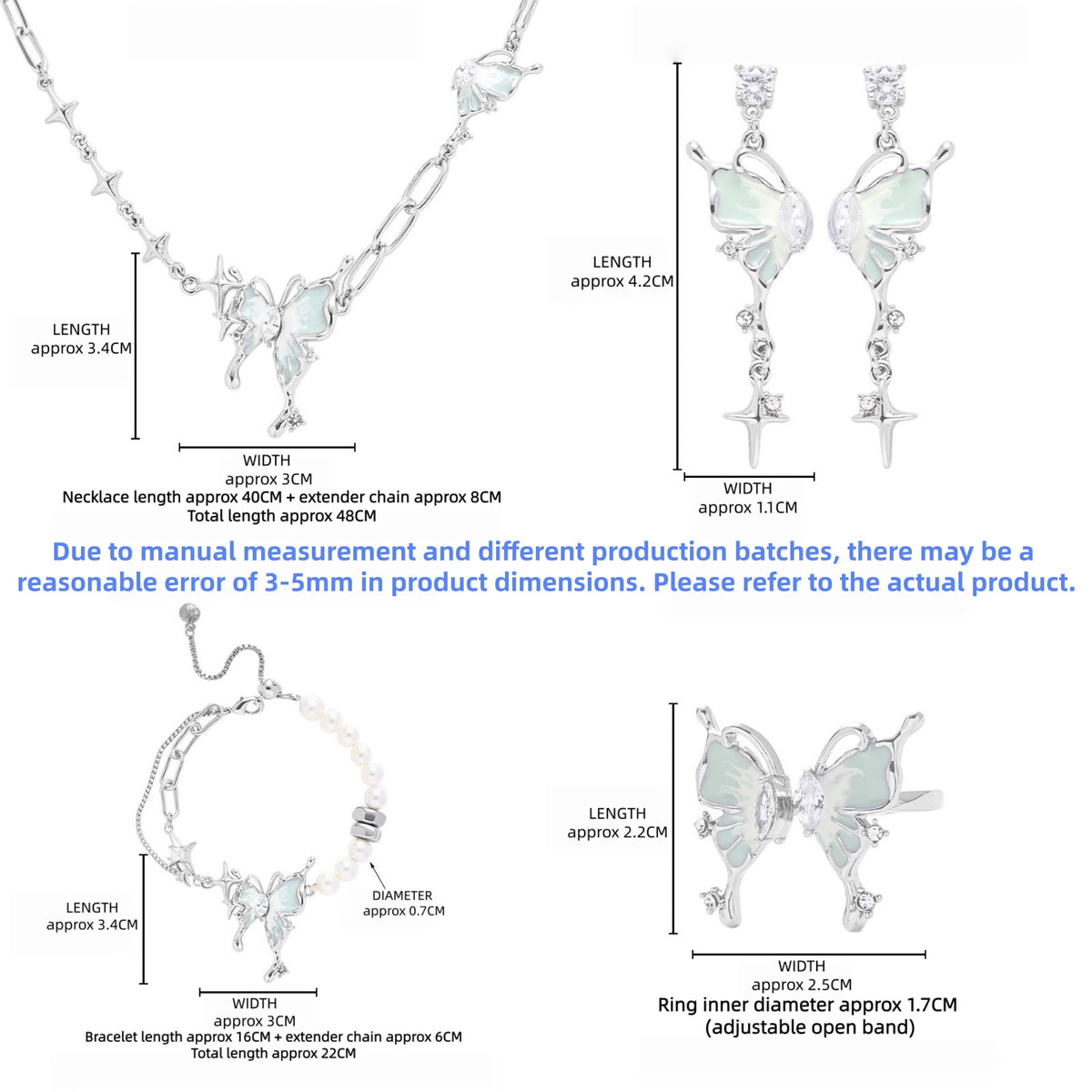 Size guide showing the butterfly necklace, half-wing drop earrings, butterfly bracelet and adjustable ring with measurements in centimetres.
