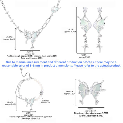 Size guide showing the butterfly necklace, half-wing drop earrings, butterfly bracelet and adjustable ring with measurements in centimetres.