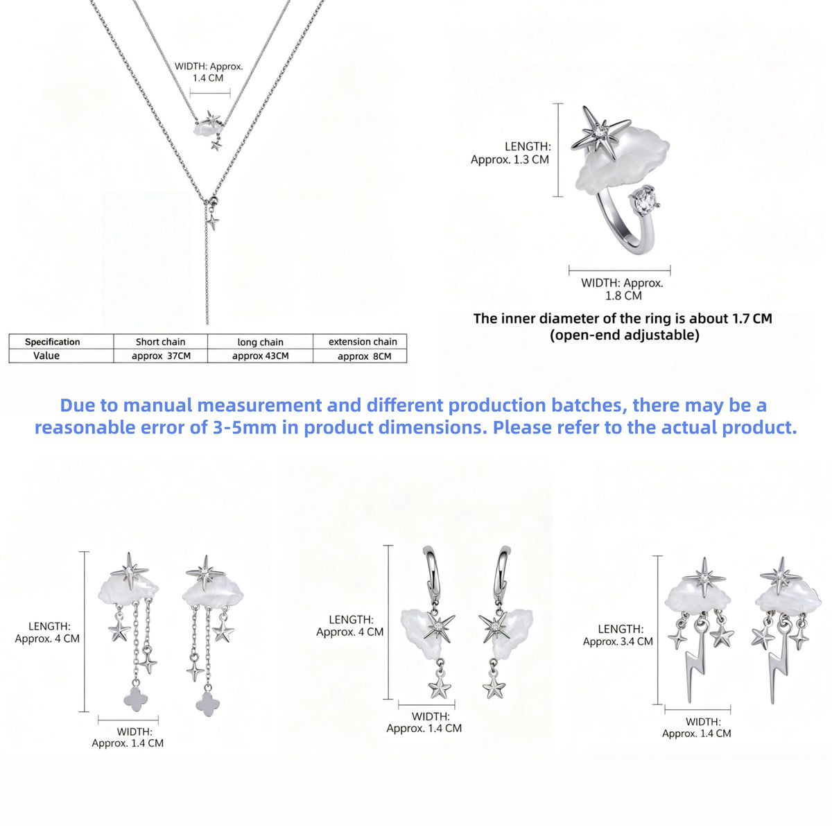Size guide showing layered cloud-and-star necklaces, an adjustable ring and three earring styles with measurements in centimetres.