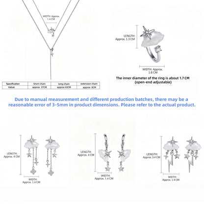 Size guide showing layered cloud-and-star necklaces, an adjustable ring and three earring styles with measurements in centimetres.
