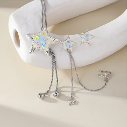 Pastel-detailed silver-tone star necklace and earrings displayed together, with dangling chains and small star charms.