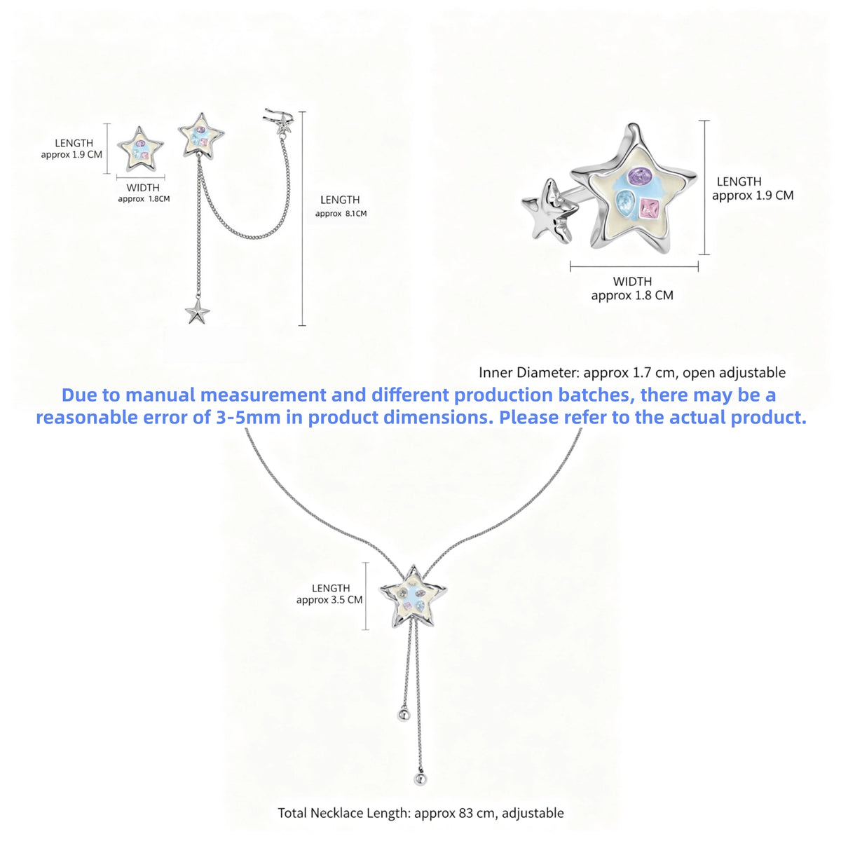 Size guide showing the colourful star necklace, chain earring and adjustable ring with measurements in centimetres.