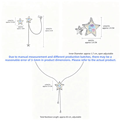 Size guide showing the colourful star necklace, chain earring and adjustable ring with measurements in centimetres.