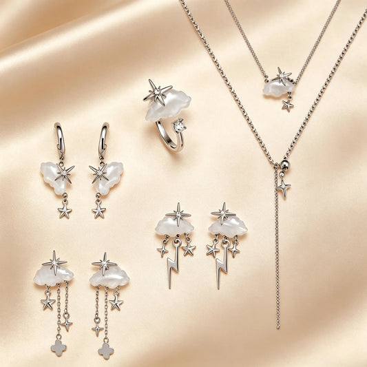 Cloud and star jewellery set with mother-of-pearl clouds, silver ring, layered necklace and three pairs of earrings