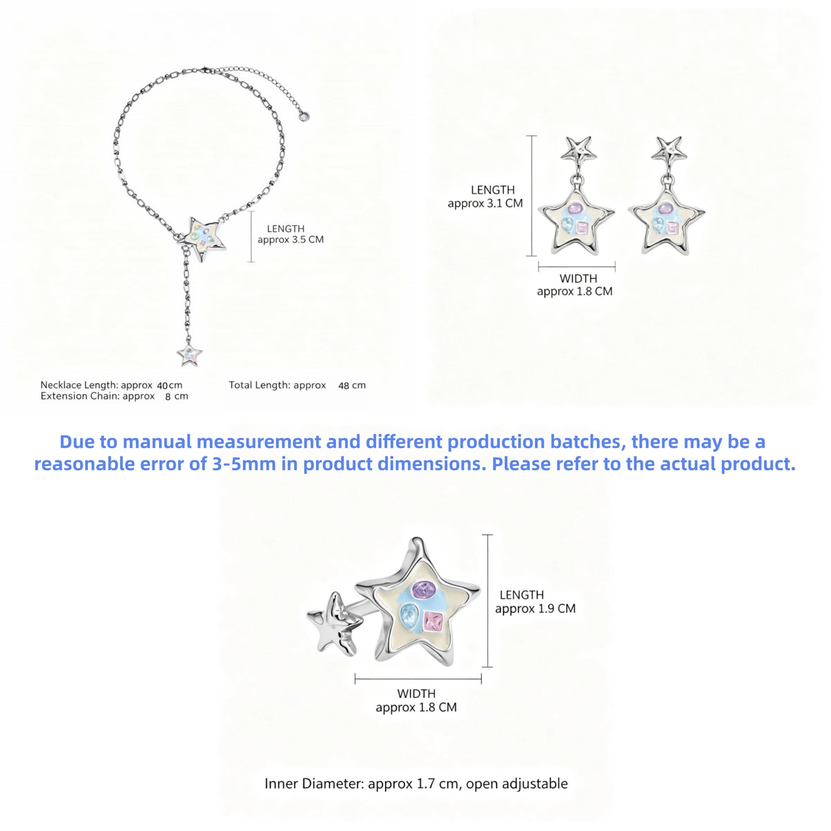 Size guide showing the enamel star necklace, drop earrings and adjustable ring with measurements in centimetres.