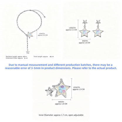 Size guide showing the enamel star necklace, drop earrings and adjustable ring with measurements in centimetres.