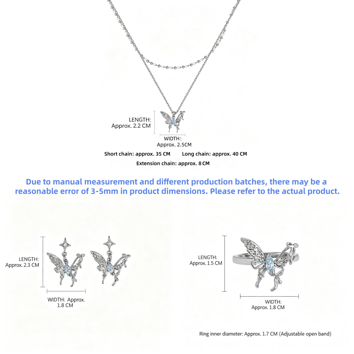 Size guide showing the layered butterfly pendant necklace, butterfly earrings and adjustable ring with measurements in centimetres.