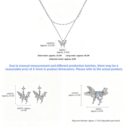 Size guide showing the layered butterfly pendant necklace, butterfly earrings and adjustable ring with measurements in centimetres.