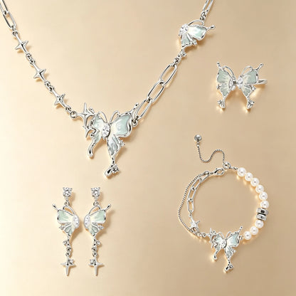 Mint enamel butterfly jewellery set with necklace, ring, drop earrings and pearl bracelet