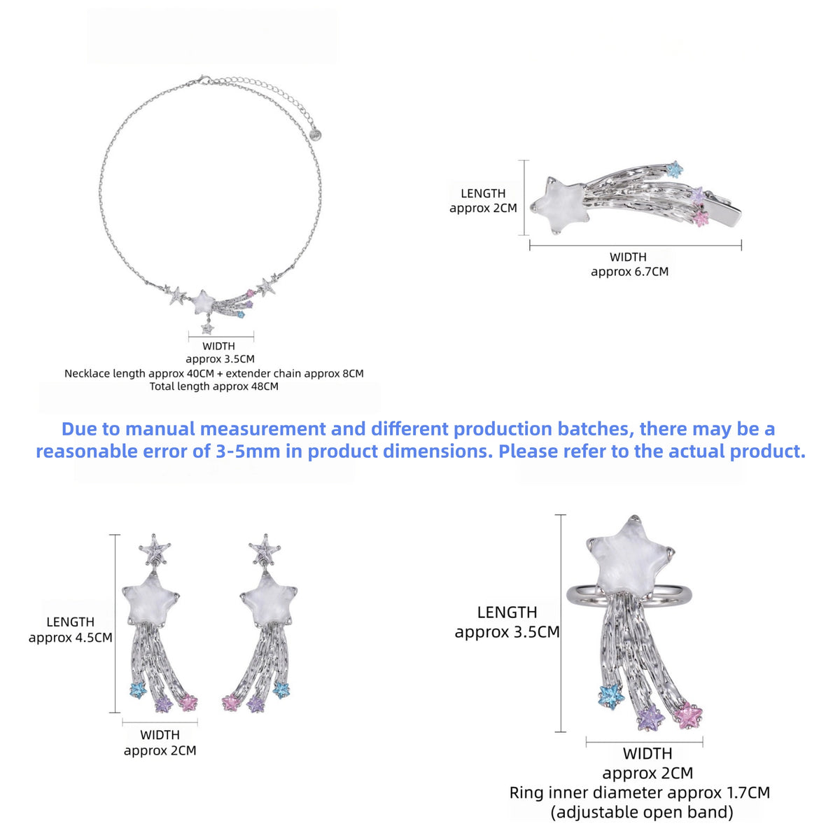 Size guide for the Fairy Shooting Star Jewellery Set, showing the necklace, star hair clip, drop earrings and adjustable ring with measurements in centimetres.