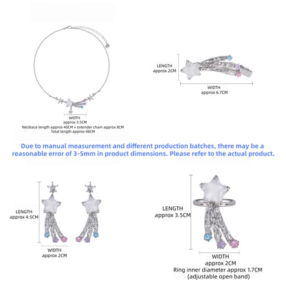 Size guide for the Fairy Shooting Star Jewellery Set, showing the necklace, star hair clip, drop earrings and adjustable ring with measurements in centimetres.