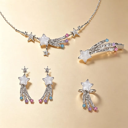 Shooting star jewellery set with pastel crystals, necklace, hair clip, drop earrings and ring