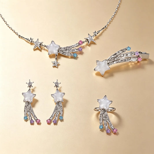 Shooting star jewellery set with pastel crystals, necklace, hair clip, drop earrings and ring