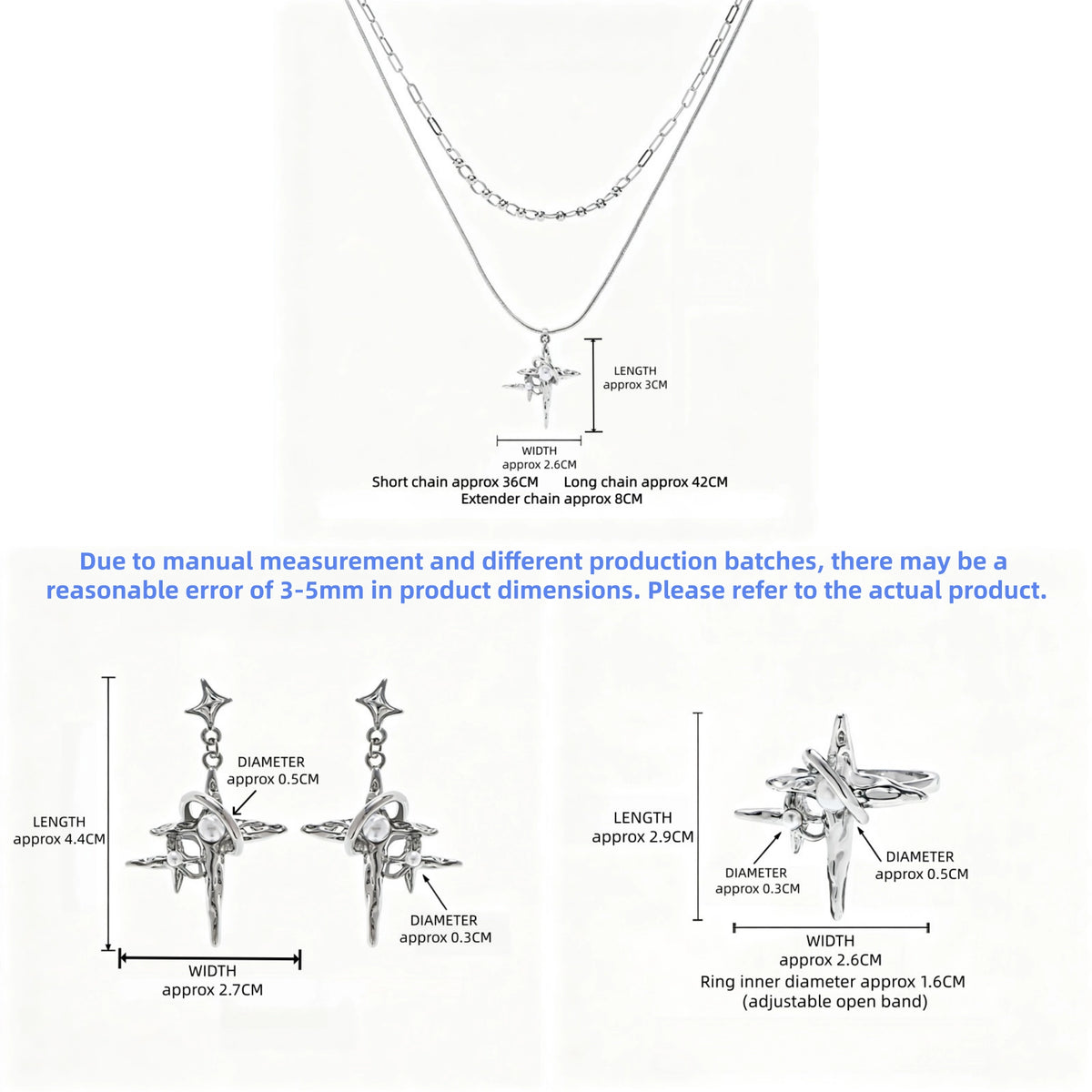 Size guide showing the layered star-cross necklace, drop earrings and adjustable ring with measurements in centimetres.