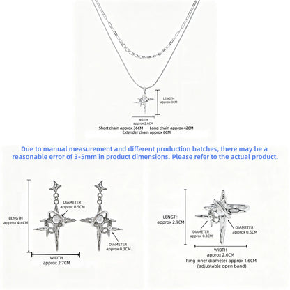 Size guide showing the layered star-cross necklace, drop earrings and adjustable ring with measurements in centimetres.