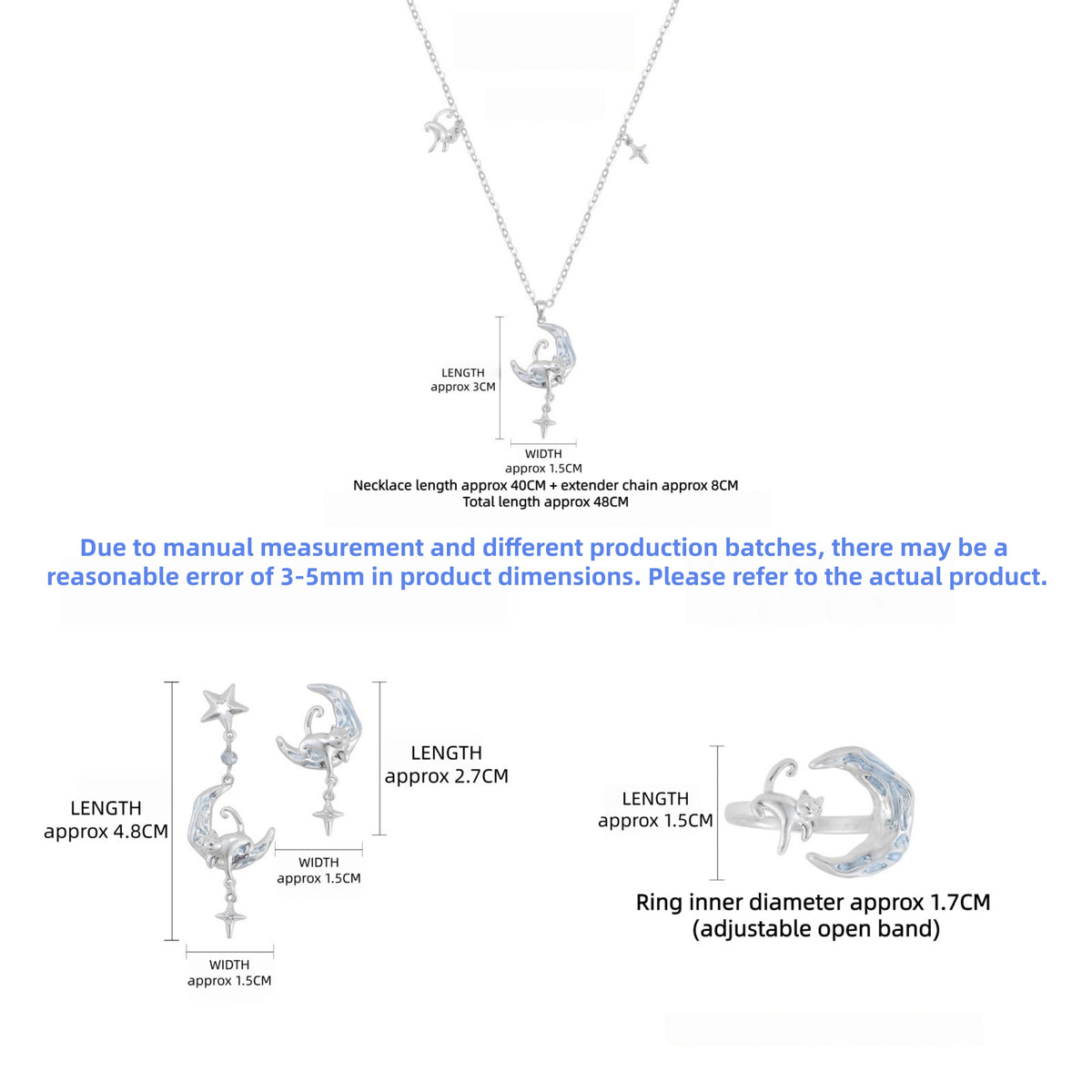Size guide showing the cat-and-crescent-moon necklace, star-drop earrings and adjustable ring with measurements in centimetres.