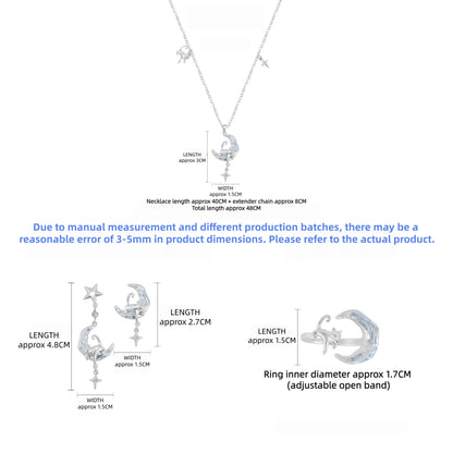 Size guide showing the cat-and-crescent-moon necklace, star-drop earrings and adjustable ring with measurements in centimetres.