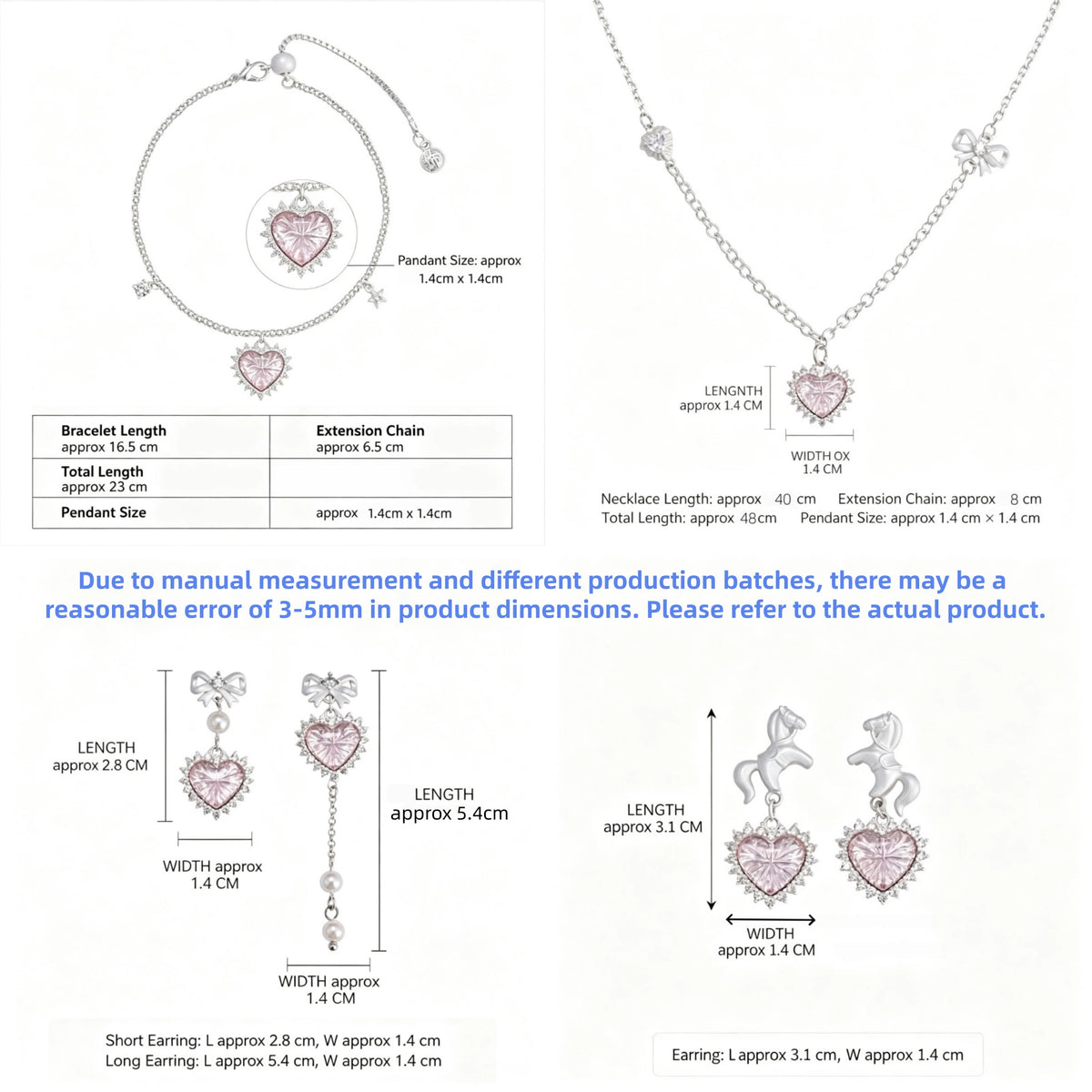 Size guide showing the pink heart necklace, bracelet and bow and unicorn earring styles with measurements in centimetres.