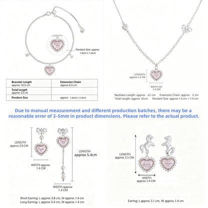 Size guide showing the pink heart necklace, bracelet and bow and unicorn earring styles with measurements in centimetres.