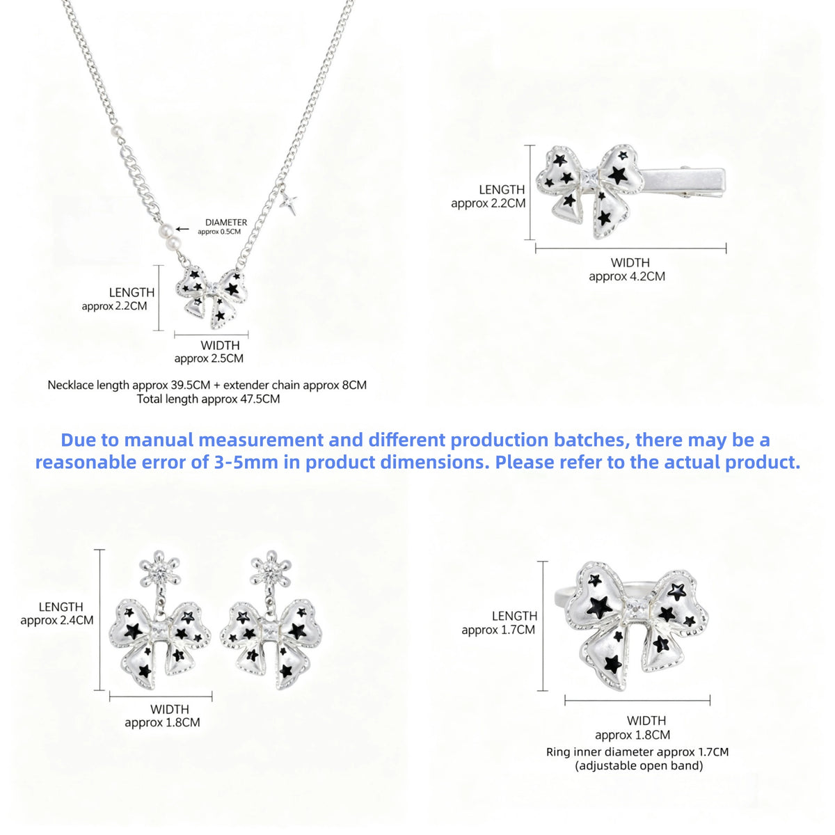 Size guide showing a white star-detail bow necklace, hair clip, drop earrings and adjustable ring with measurements in centimetres.