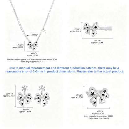 Size guide showing a white star-detail bow necklace, hair clip, drop earrings and adjustable ring with measurements in centimetres.