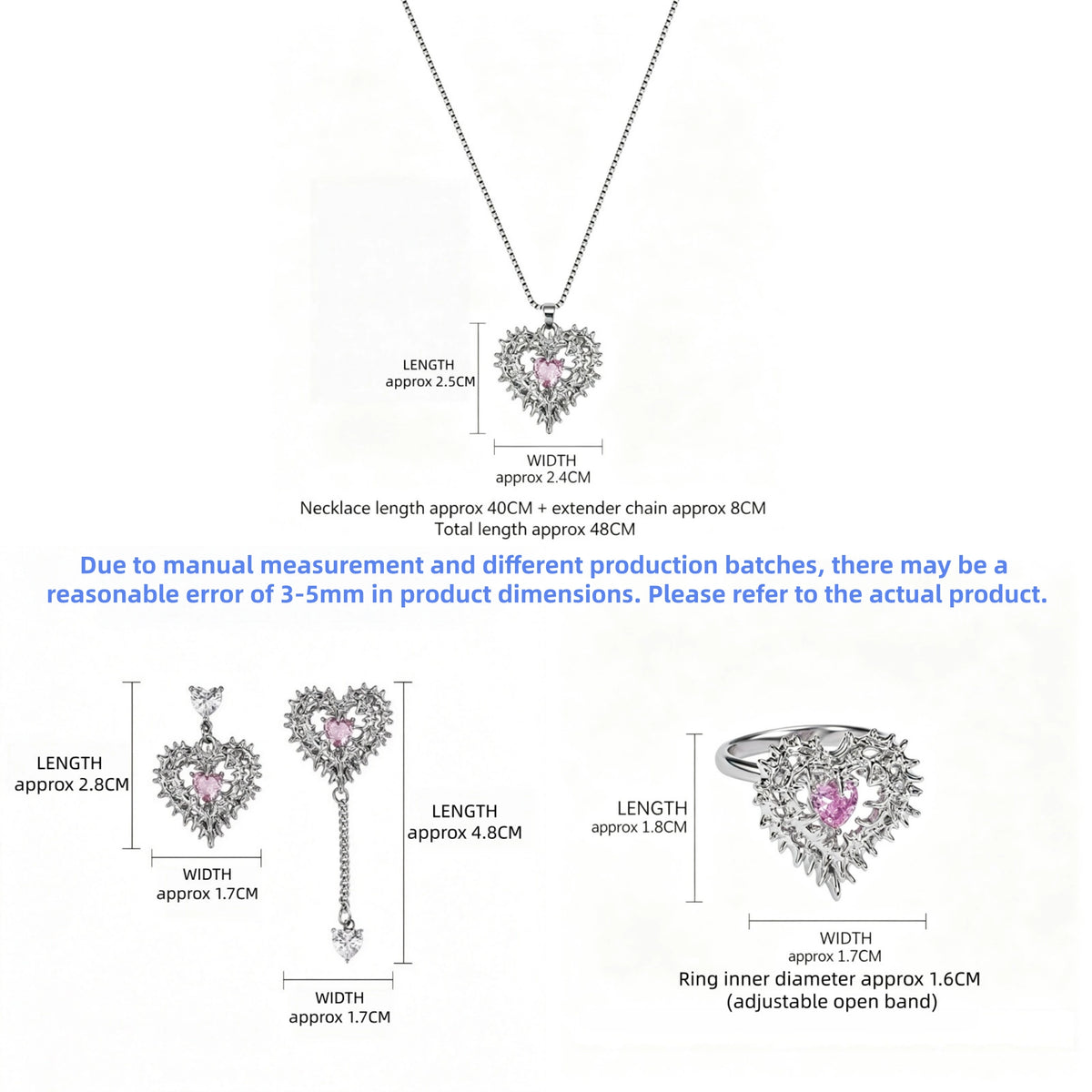 Size guide showing the thorned pink heart necklace, two earring styles and adjustable ring with measurements in centimetres.