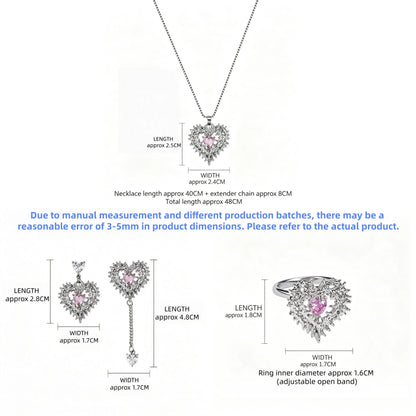 Size guide showing the thorned pink heart necklace, two earring styles and adjustable ring with measurements in centimetres.