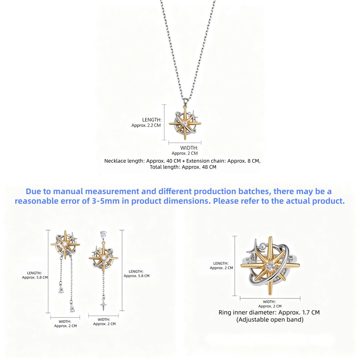 Size guide showing the two-tone starburst necklace, long drop earrings and adjustable ring with measurements in centimetres.