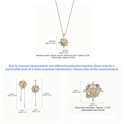 Size guide showing the two-tone starburst necklace, long drop earrings and adjustable ring with measurements in centimetres.