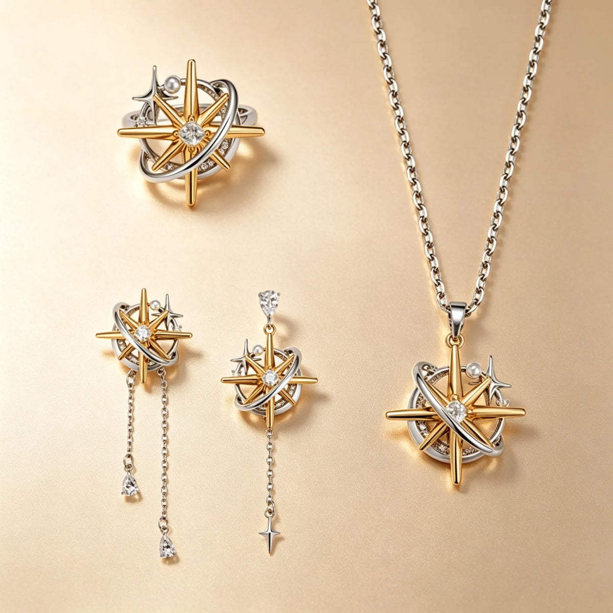 Two-tone starburst jewellery set with gold star and silver ring, asymmetric chain drop earrings and pendant necklace