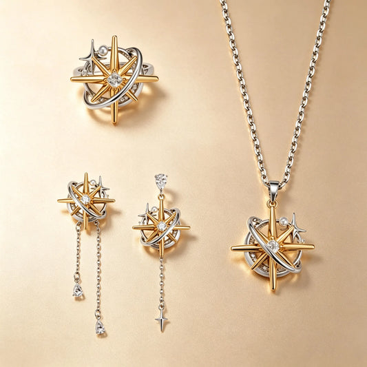 Two-tone starburst jewellery set with gold star and silver ring, asymmetric chain drop earrings and pendant necklace