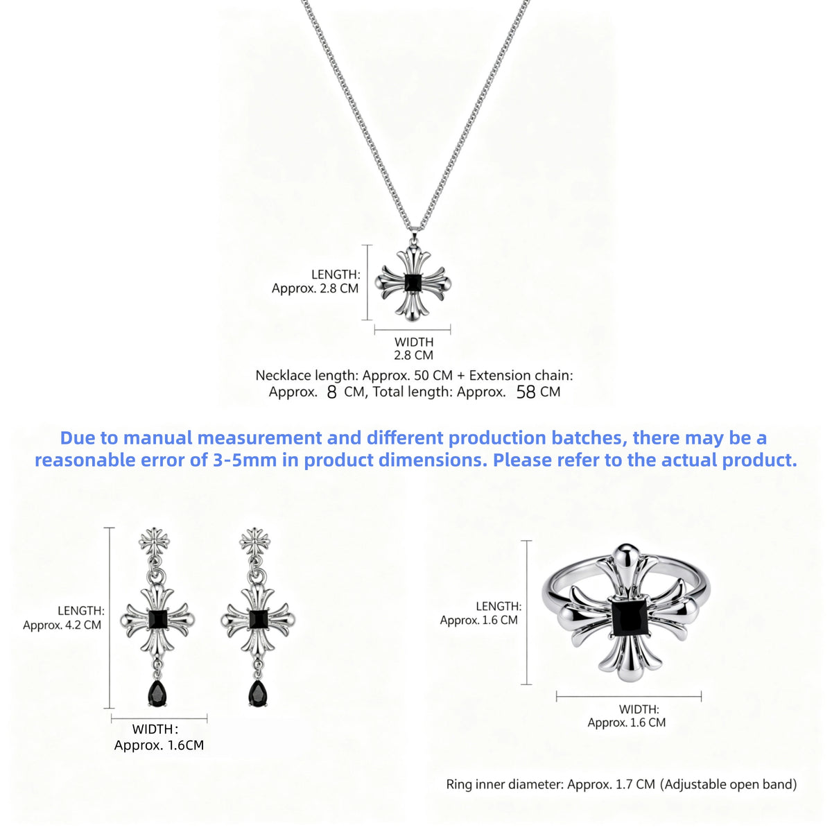 Size guide showing the gothic cross necklace, drop earrings and adjustable ring with measurements in centimetres.