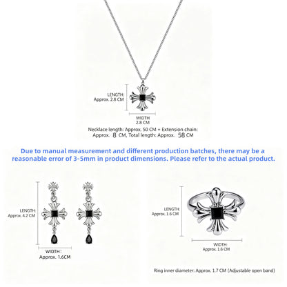Size guide showing the gothic cross necklace, drop earrings and adjustable ring with measurements in centimetres.