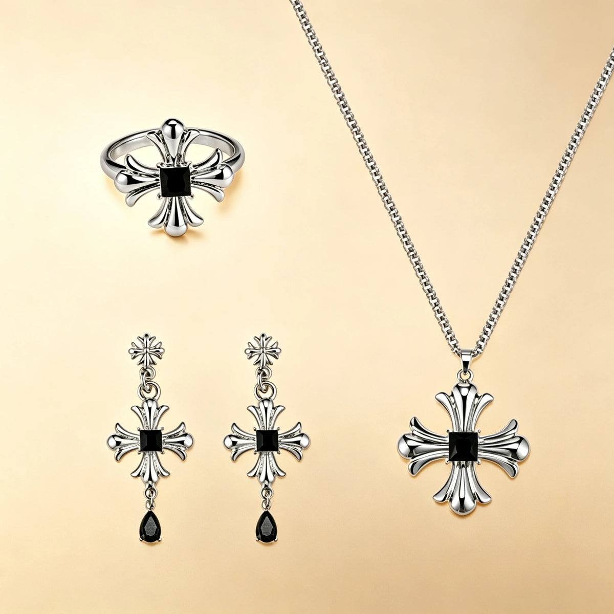 Unisex gothic cross jewellery set with black square stones, silver ring, drop earrings and box chain necklace