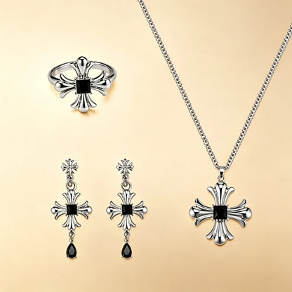 Unisex gothic cross jewellery set with black square stones, silver ring, drop earrings and box chain necklace