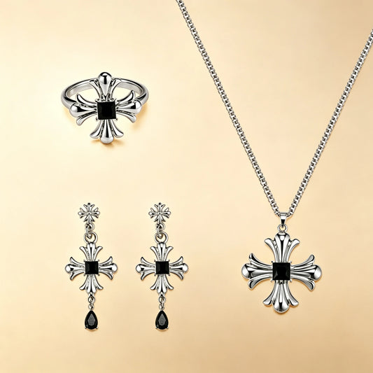 Unisex gothic cross jewellery set with black square stones, silver ring, drop earrings and box chain necklace
