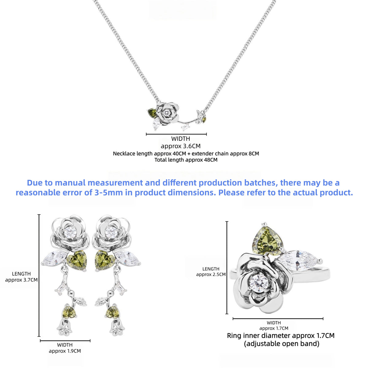 Size guide showing the rose necklace, long drop earrings and adjustable ring with measurements in centimetres.