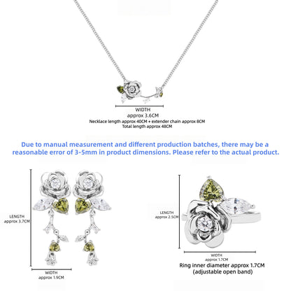 Size guide showing the rose necklace, long drop earrings and adjustable ring with measurements in centimetres.