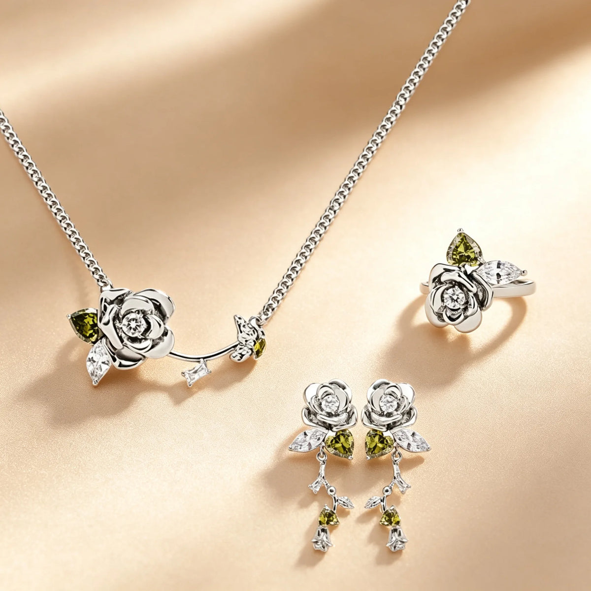 Vintage 3D rose jewellery set with olive green crystal leaves, silver ring, drop earrings and rose necklace