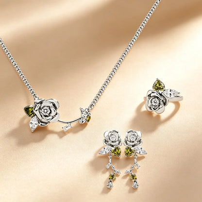 Vintage 3D rose jewellery set with olive green crystal leaves, silver ring, drop earrings and rose necklace