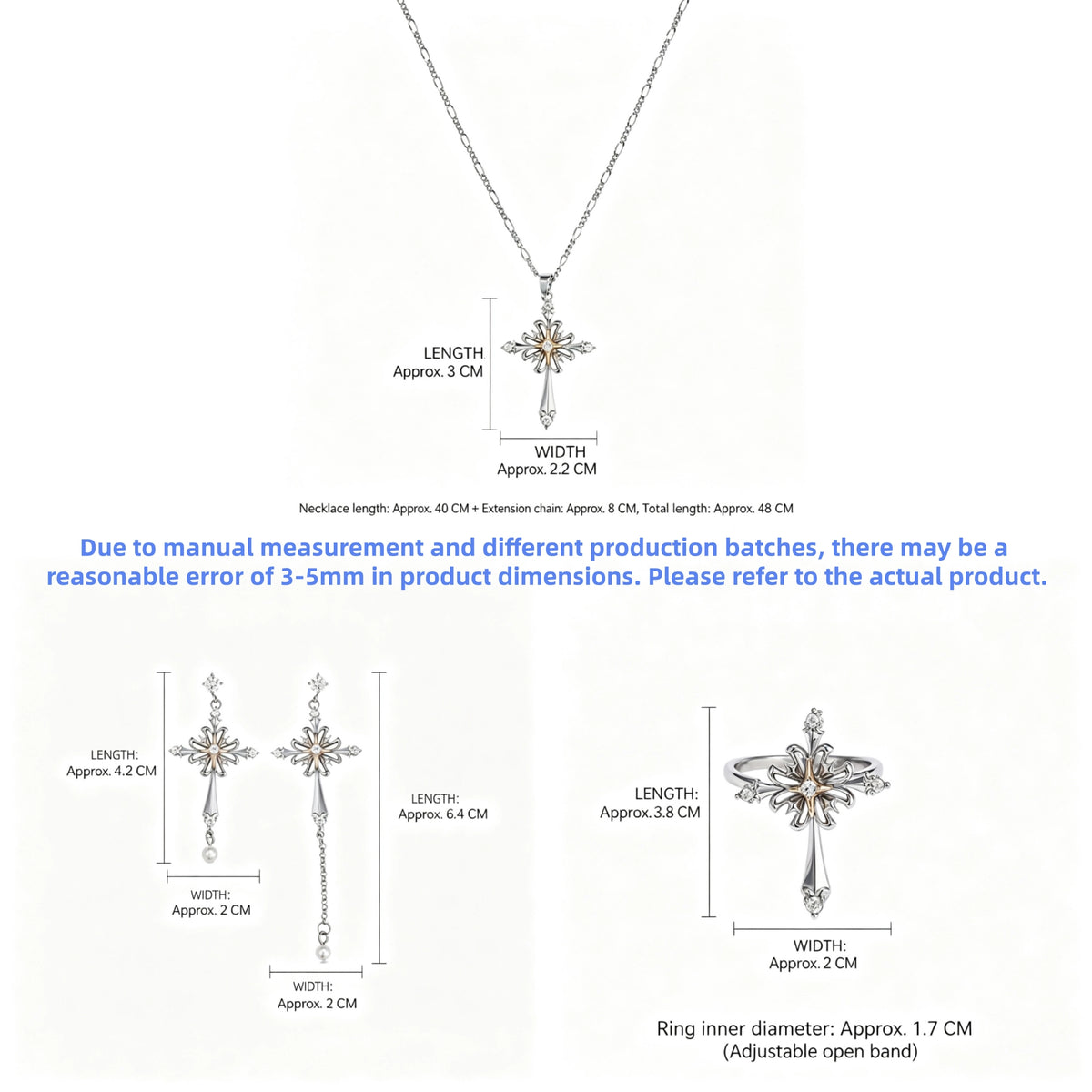 Size guide showing the ornate cross necklace, two drop earring styles and adjustable ring with measurements in centimetres.