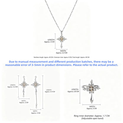 Size guide showing the ornate cross necklace, two drop earring styles and adjustable ring with measurements in centimetres.