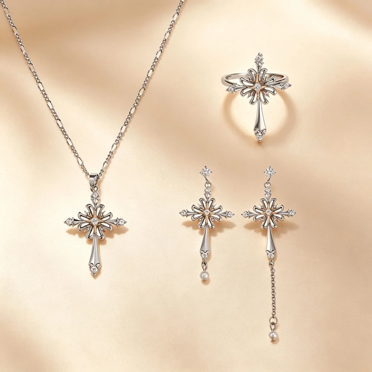 Vintage gothic cross jewellery set with rose gold flower centres, pearl drop earrings, ring and figaro chain necklace
