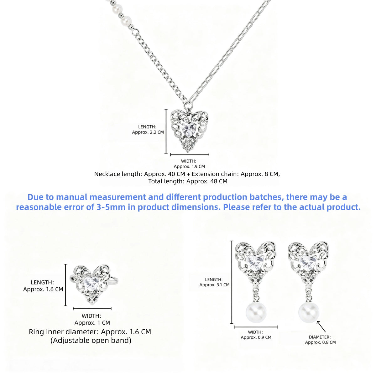 Size guide showing the ornate heart necklace, adjustable ring and pearl-drop earrings with measurements in centimetres.