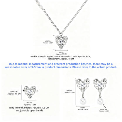 Size guide showing the ornate heart necklace, adjustable ring and pearl-drop earrings with measurements in centimetres.