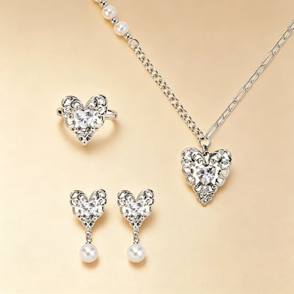 Vintage lace heart jewellery set with filigree silver hearts, clear crystals, pearl drop earrings and ring