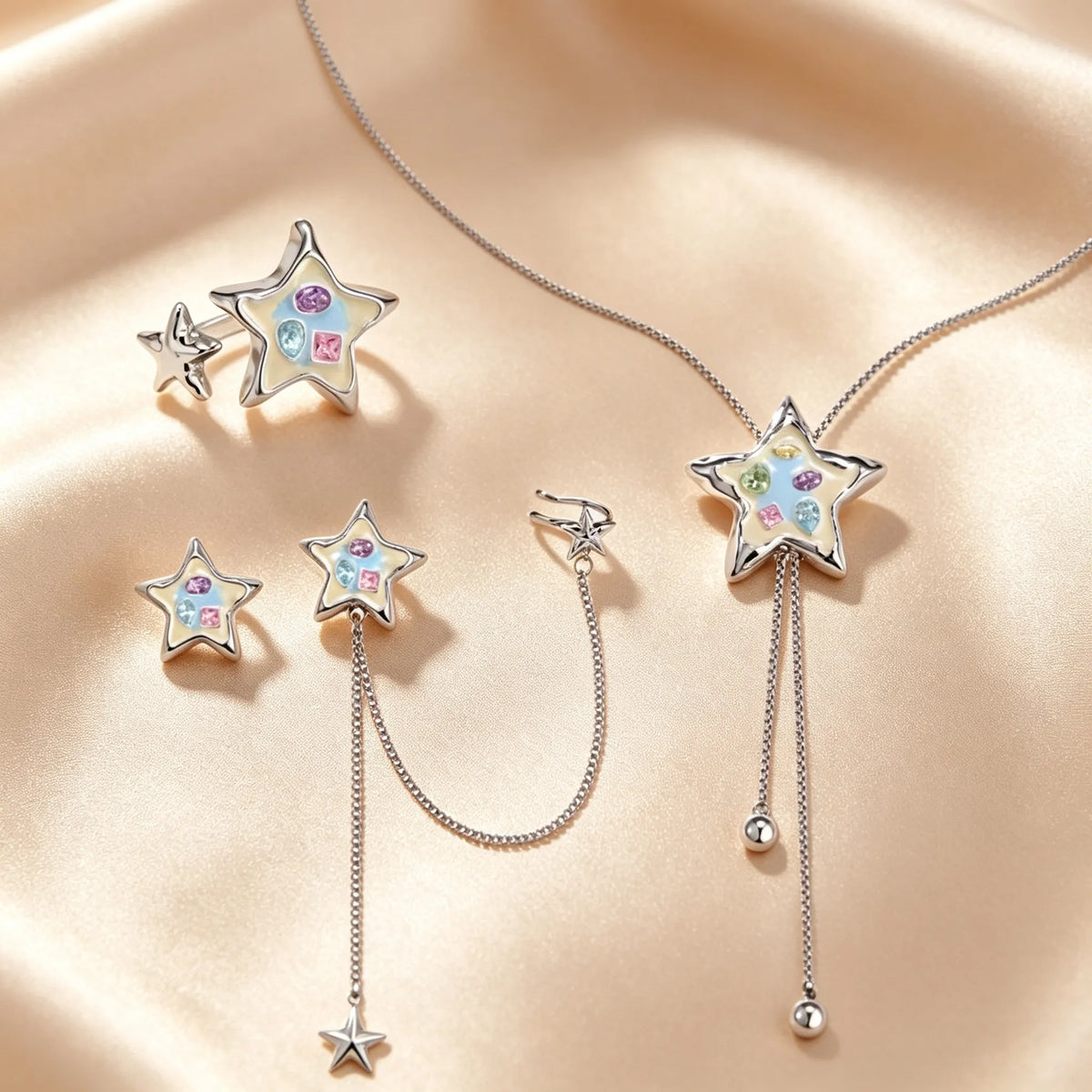 Colourful star jewellery set with pastel crystals, silver ring, stud and chain drop earrings and Y-drop necklace