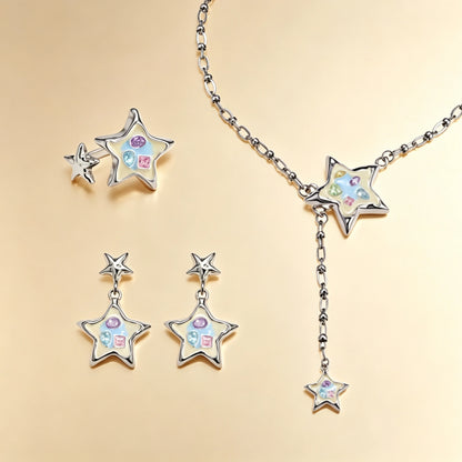 Enamel star jewellery set with pastel crystals, silver ring, star drop earrings and chain lariat necklace