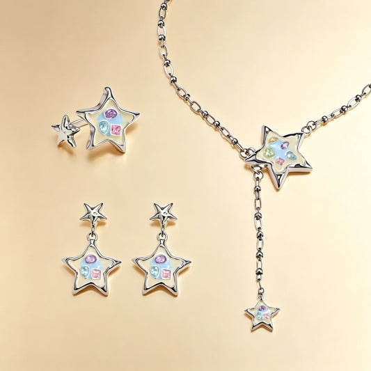 Enamel star jewellery set with pastel crystals, silver ring, star drop earrings and chain lariat necklace