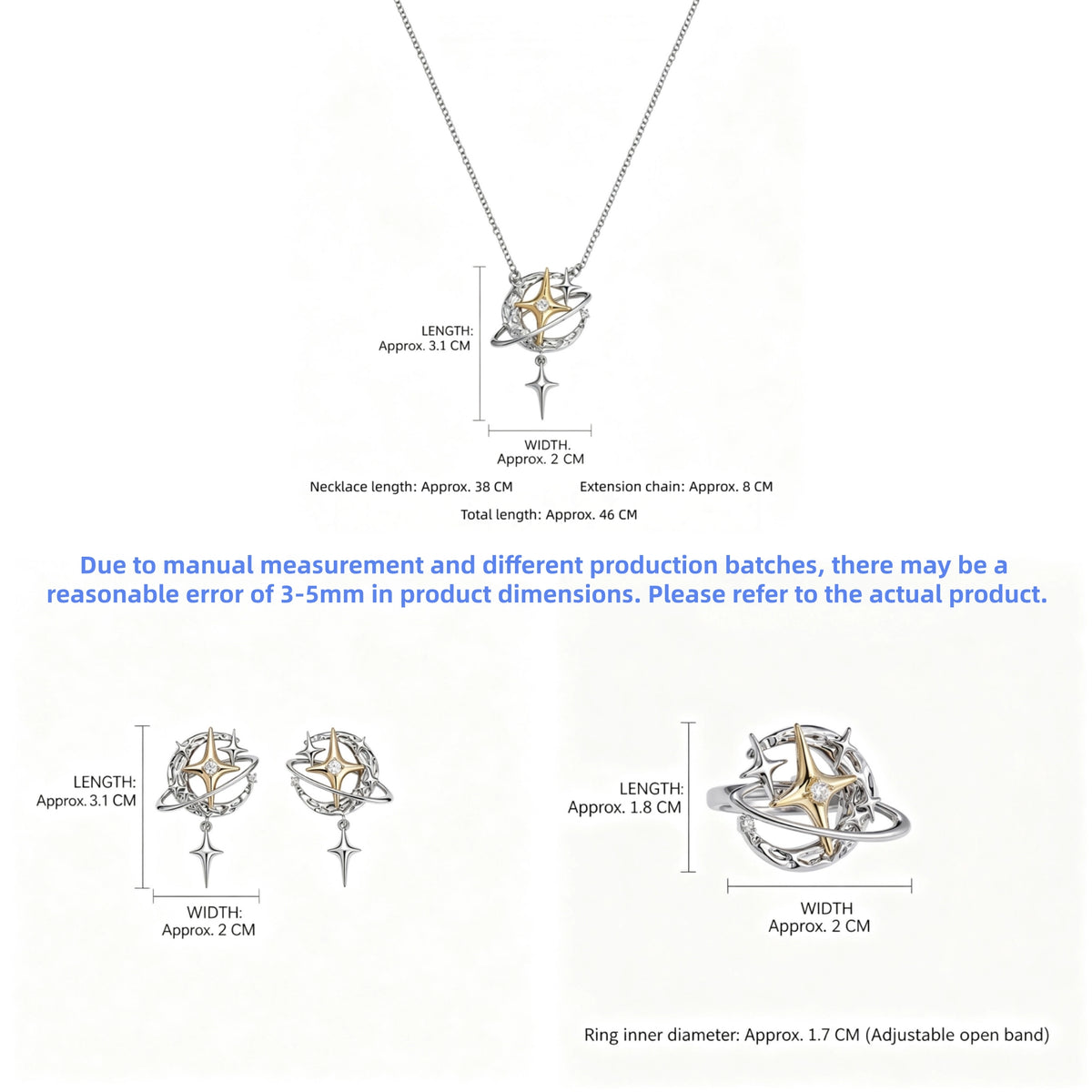 Size guide showing the planet-and-star necklace, earrings and adjustable ring with measurements in centimetres.